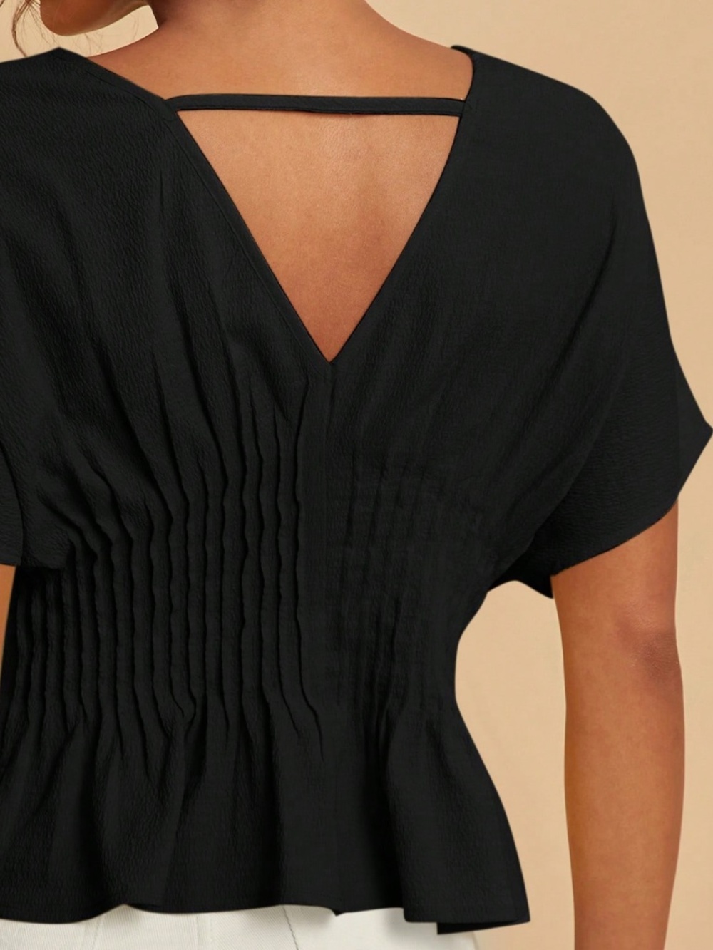 Solid V neck Pleated Batwing Sleeve Cotton Top - Picture 9 of 10